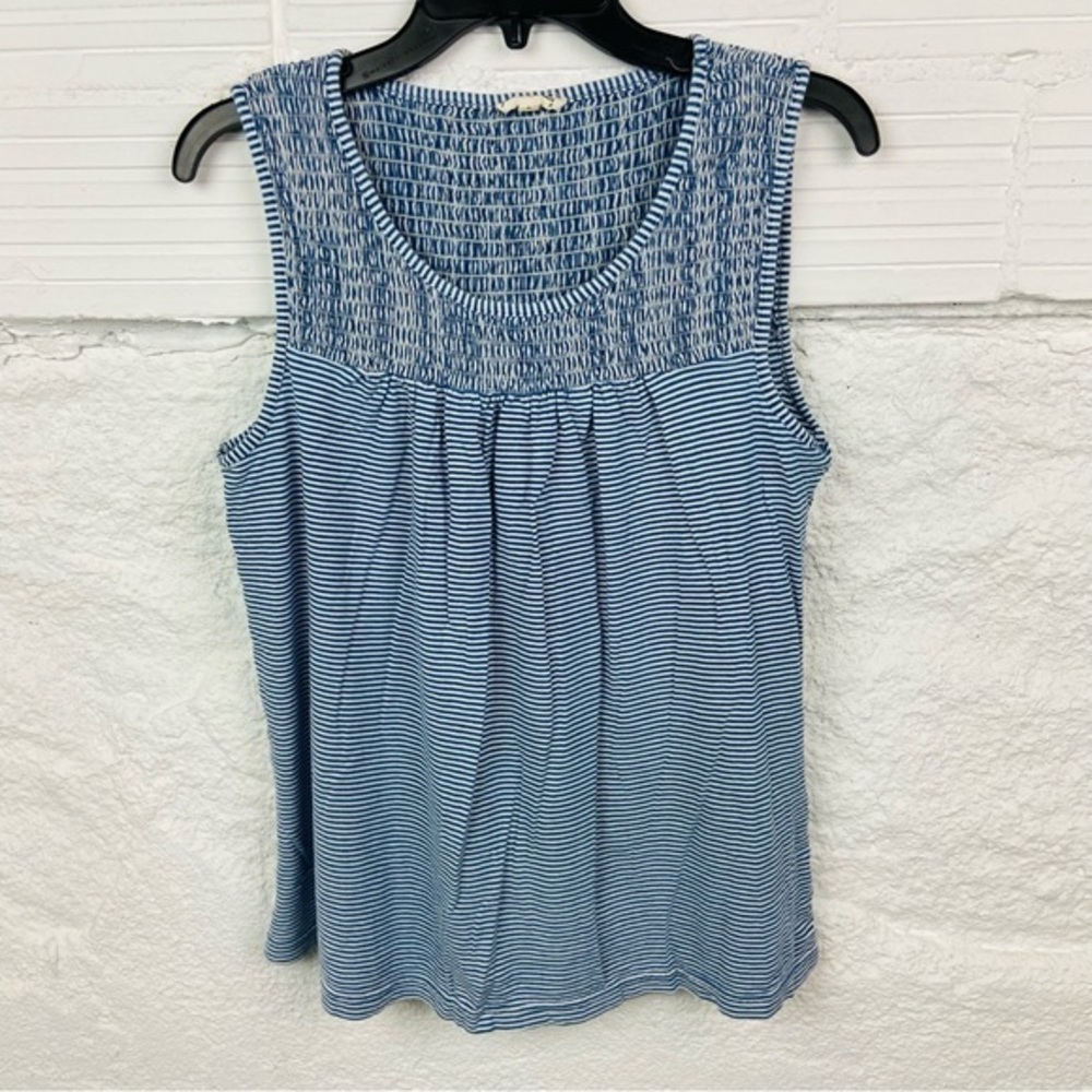 JANE AND DELANCEY blue & white striped scrunchy, sleeveless cotton shirt small